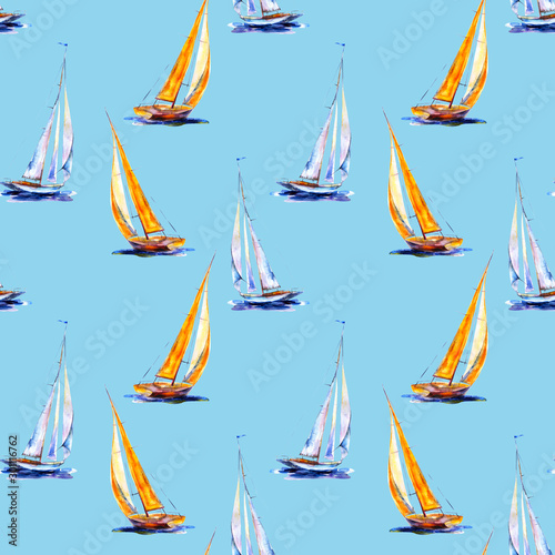 Watercolor seamless pattern sailboat. Yellow and blue vessel isolated on blue background. Hand drawn  illustration.