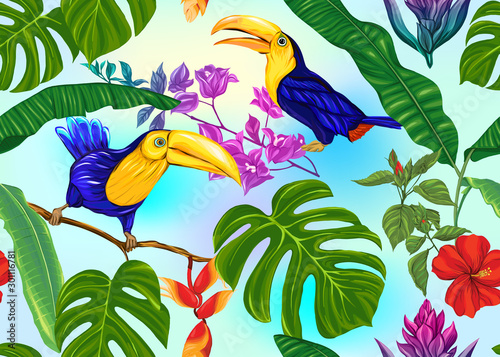 Seamless pattern, background with tropical plants, flowers and birds. Colored vector illustration. In light ultra violet pastel colors on mesh pink, blue background