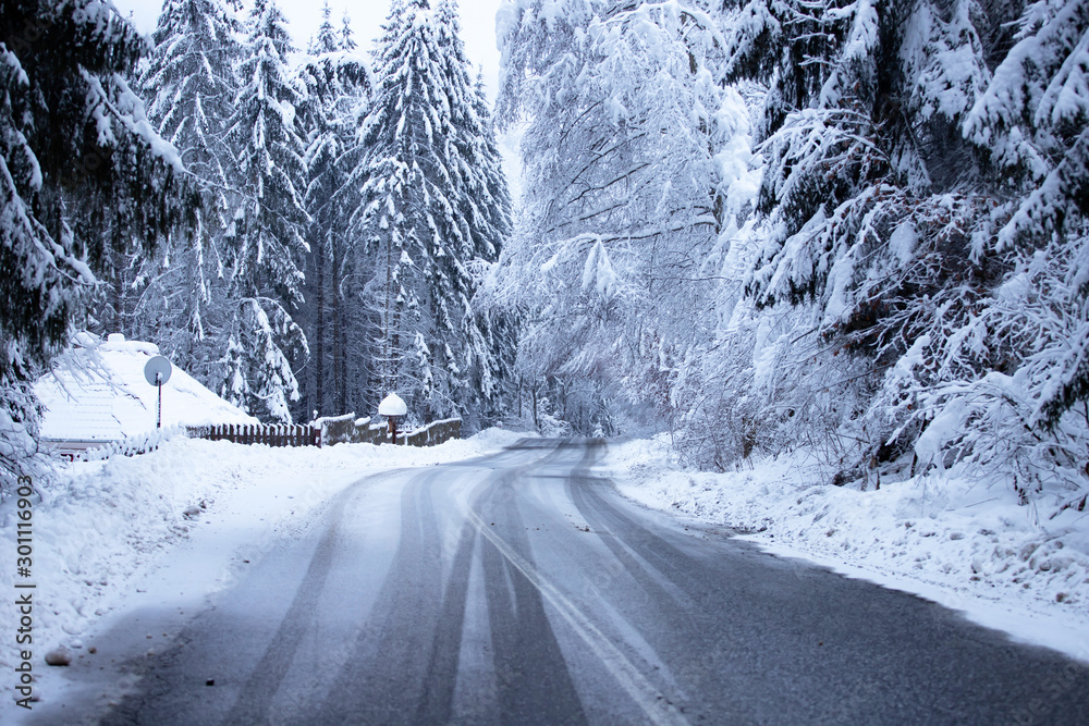 Fototapeta premium Empty road with snow banks on sides.