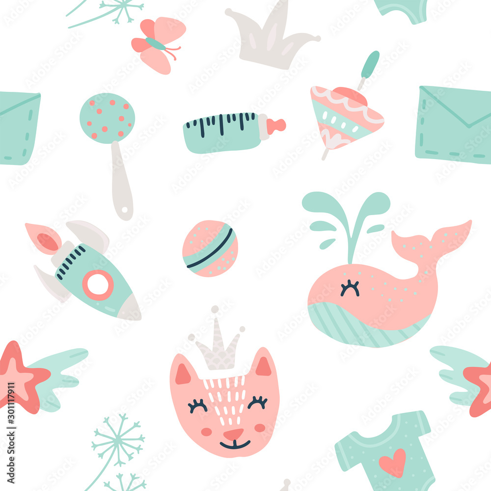 Baby goods seamless pattern with toys and other goods for baby shower, textile, scrapbook, background. Flat hand drawn doodle illustration. Baby goods seamless pattern with toys and other goods for baby shower, textile, scrapbook, background. Flat hand drawn doodle illustration.