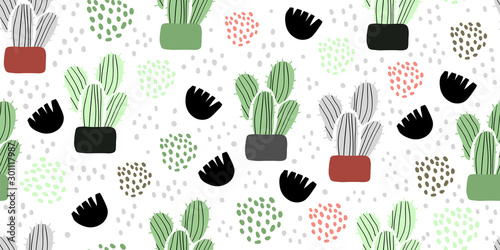 Seamless pattern with cactuses, succulents
