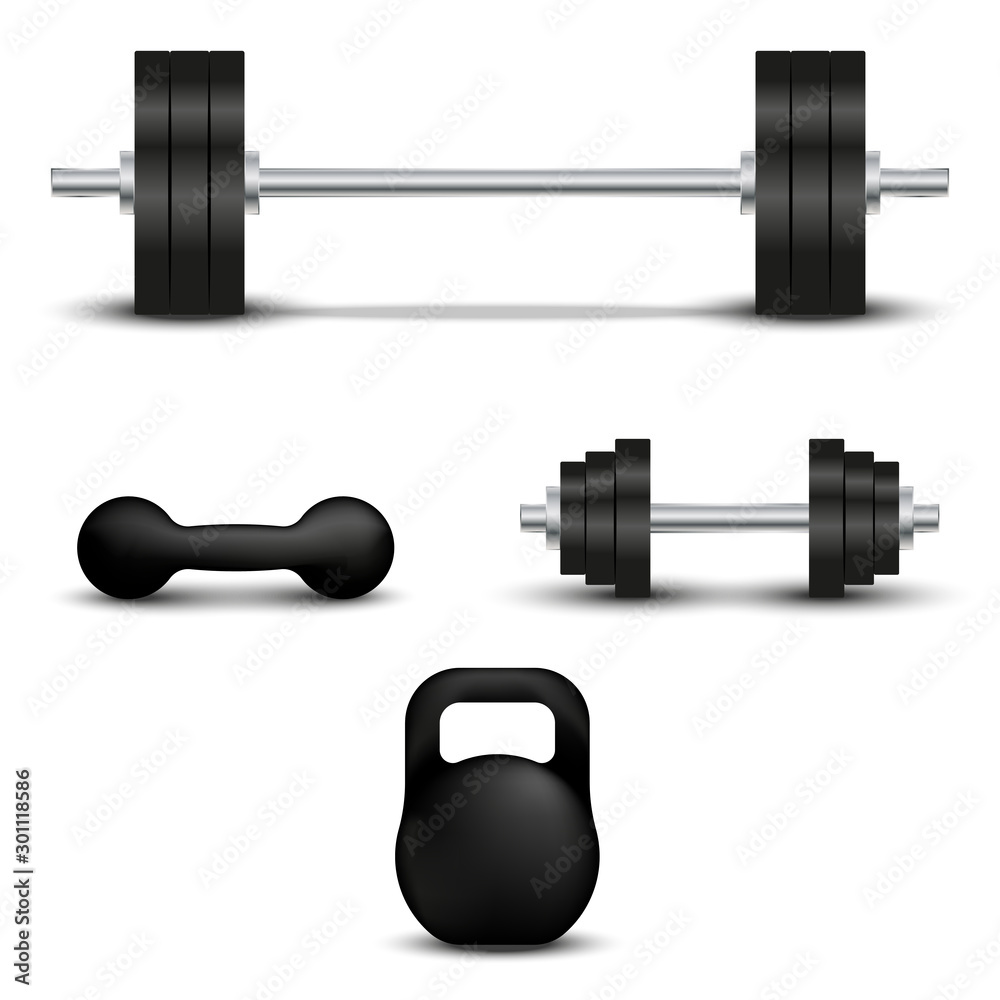 Realistic barbell, dumbbell, sports kettlebell set of objects isolated on  white background, metal sports equipment for gym Stock Vector | Adobe Stock