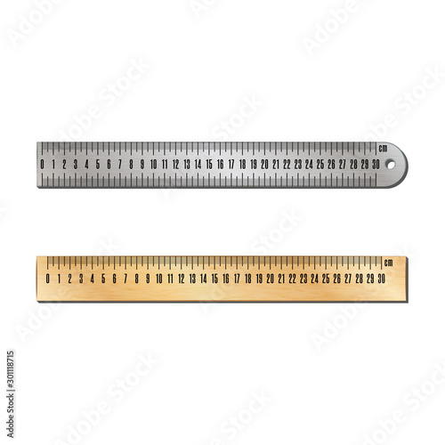 Metal and wooden centimeter straight rulers realistic vector objects measuring devices close-up view