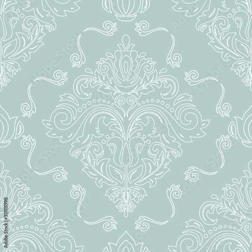 Classic seamless pattern. Damask orient ornament. Classic vintage background. Orient light blue and white ornament for fabric, wallpaper and packaging