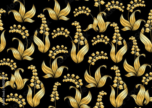 Lily of the valley, may-lily Seamless pattern, background. Vector illustration. In art nouveau style, vintage, old, retro style. In gold and black.. photo