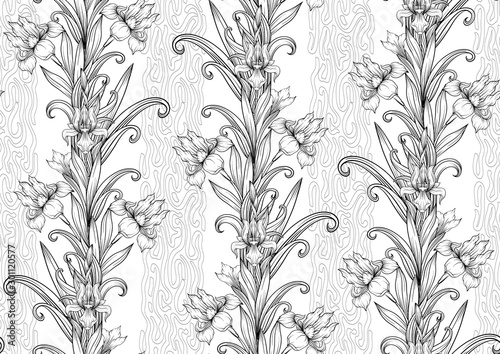 Iris flower, fleur-de-lis, flower-de-luce, flag. Seamless pattern, background. Outline hand drawing vector illustration. In art nouveau style, vintage, old, retro style. In botanical style.