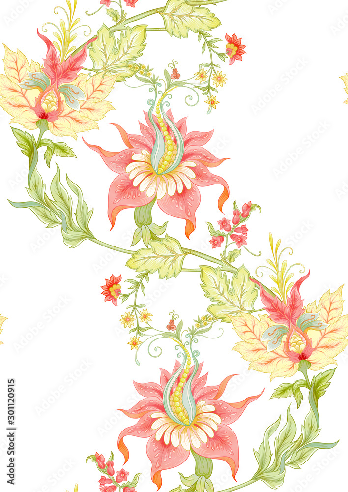 Fantasy flowers in retro, vintage, jacobean embroidery style. Pattern, background. Template for wedding invitation. Colored vector illustration