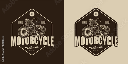 Original monochrome vector emblem with vintage motorcycle.