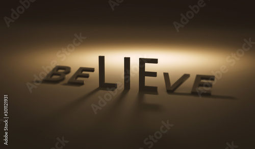 Believe concept of lie on dark background and belief. Lies or trust. Realistic 3D render.