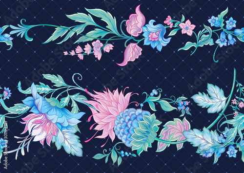 Fantasy flowers in retro, vintage, jacobean embroidery style. Seamless pattern, background. Colored vector illustration. On denim blue background..