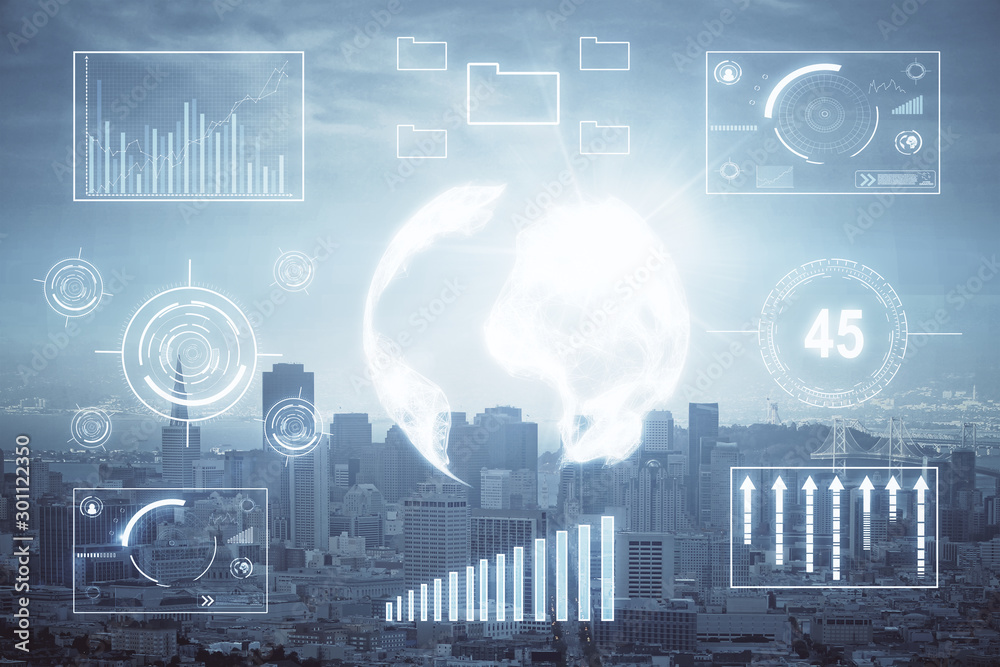 Forex graph on city view with skyscrapers background multi exposure. Financial analysis concept.