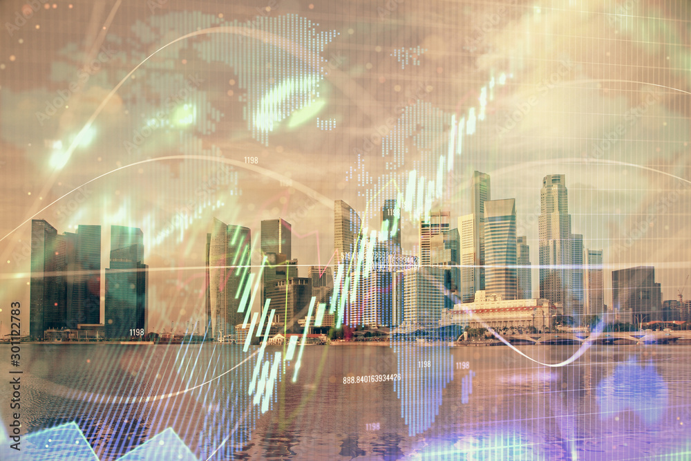 Forex chart on cityscape with tall buildings background multi exposure. Financial research concept.