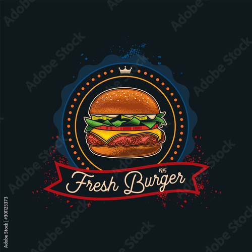 Original vector logo of the fast food. Burger with cutlet, tomatoes and herbs in vintage style.