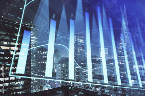 Financial graph on night city scape with tall buildings background multi exposure. Analysis concept.