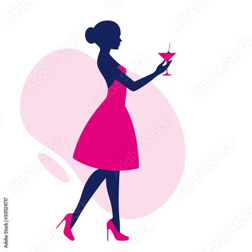 Vector of beautiful young woman in elegant dress holding a glass with drink. Isolated on white background.