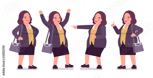 Chubby woman in positive emotion. Overweight middle aged lady, kind civil service worker. Curvy, voluptuous body type, big women fashion, plus size formal wear. Vector flat style cartoon illustration