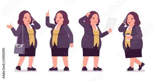 Chubby woman on business work. Overweight middle aged lady, kind civil service worker. Curvy, voluptuous body type, big women fashion, plus size formal wear. Vector flat style cartoon illustration