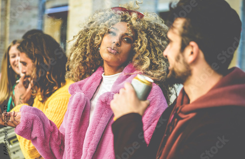 Sticker Trendy people from diverse culture making party outdoor drinking beer, smoking a