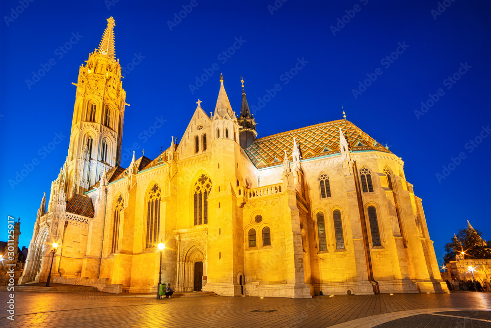 Budapest, Hungary - October 01, 2019: Matthias Church is a Roman Catholic church located in Budapest, Hungary. Matthias Church in Fisherman Bastion by night.
