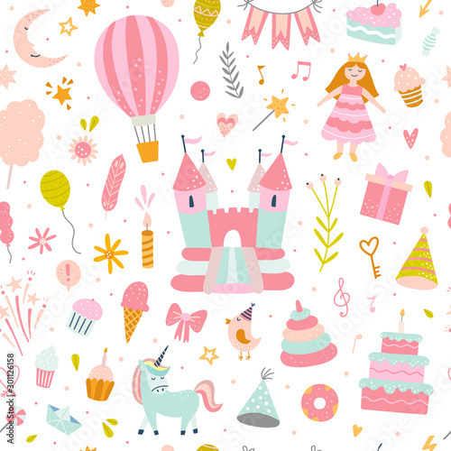 Pink pattern for girls with funny toys and kids elements. Vector seamless background with birthday cake  bouncy castle  princess and sweet food