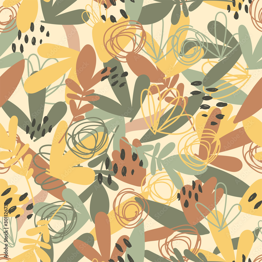 Fototapeta premium Creative doodle art header with shapes and textures. Collage modern floral and leaf pattern in vector. Seamless design. Hand drawn abstract contemporary background. Print on fabric, textile, paper.