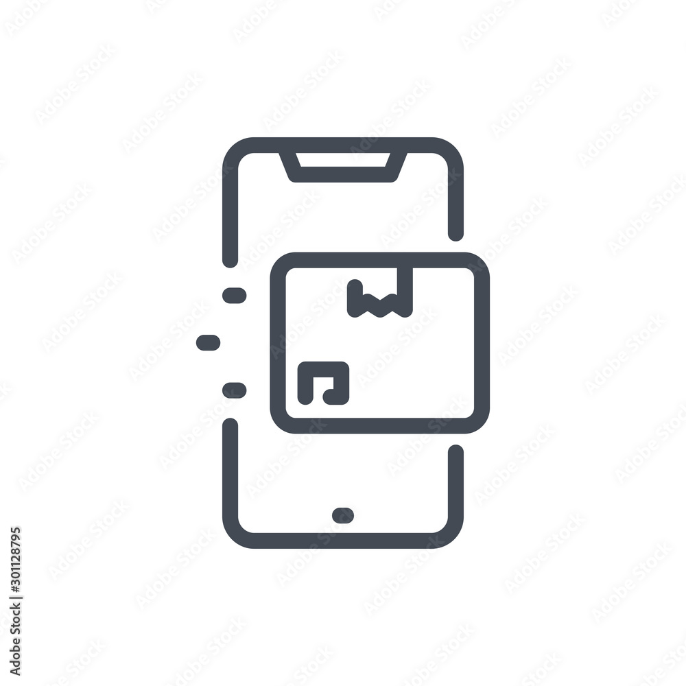 Online delivery line icon. Mobile phone with box on display vector outline sign. Online delivery line icon. Mobile phone with box on display vector outline sign.