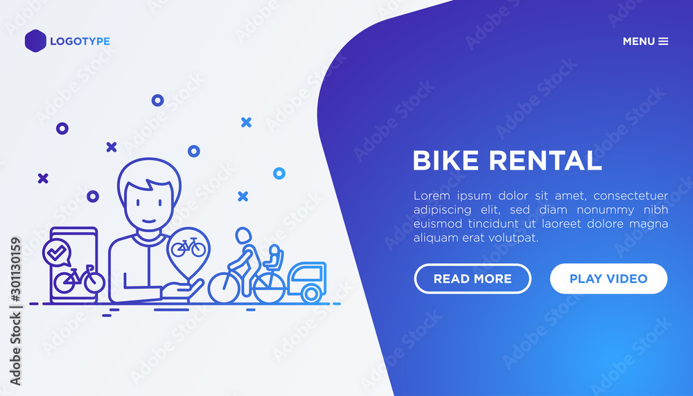 Bike rental mobile app. Web page template with thin line icons: rates, bicycle tours, pet trailer, child seat, sharing, pointer. Modern vector illustration. - obrazy, fototapety, plakaty 