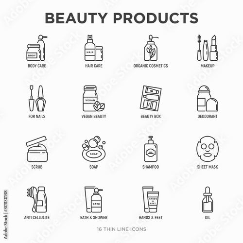 Beauty products thin line icons set: skin care, cream, gel, organic cosmetics, make up, soap dispenser, nail care, beauty box, deodorant, face oil, scrub, sheet mask. Modern vector illustration.
