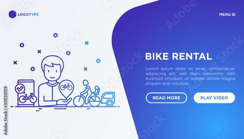 Bike rental mobile app. Web page template with thin line icons: rates, bicycle tours, pet trailer, child seat, sharing, pointer. Modern vector illustration.