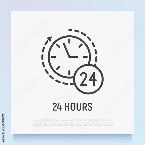 24 hours thin line icon. Arrow around clock. Service or support anytime. Modern vector illustration.