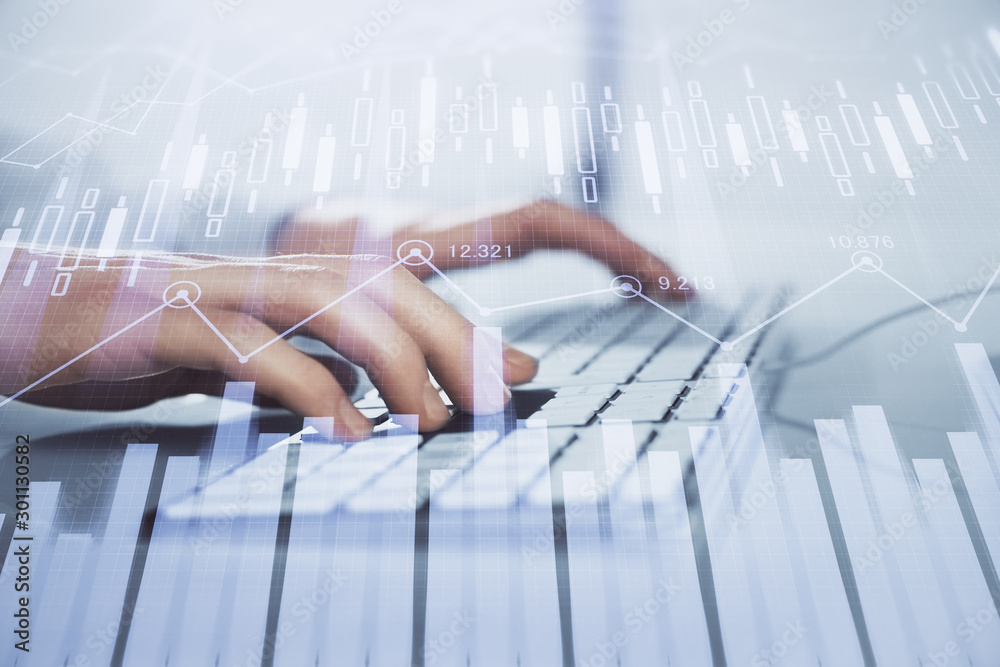 Forex graph with businessman working on computer in office on background. Concept of hardworking. Closeup. Multi exposure.