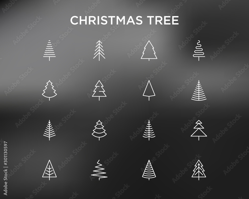 Obraz premium Christmas tree in different shapes. Minimalistic simple thin line icons set. Vector illustration for greeting card, Christmas and New Year decoration for black theme.