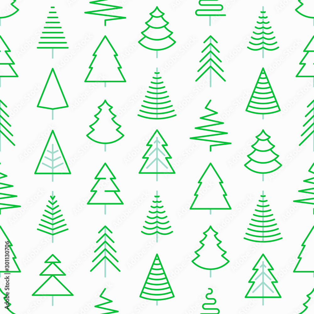 Seamless pattern with Christmas trees in different shapes. Minimalistic simple thin line icons. Vector illustration for greeting card, Christmas and New Year decoration.