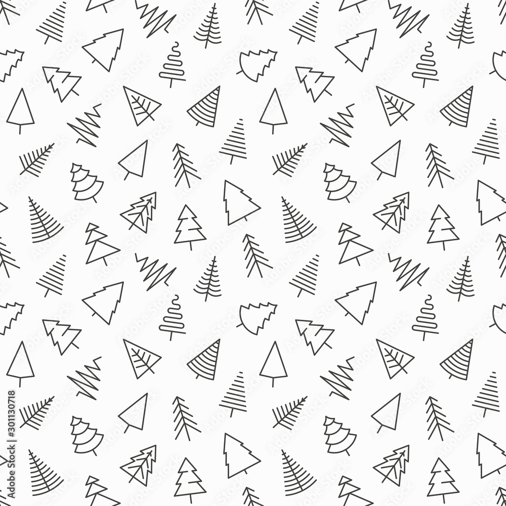 Seamless pattern with Christmas trees in different shapes. Minimalistic simple thin line icons. Vector illustration for greeting card, Christmas and New Year decoration.