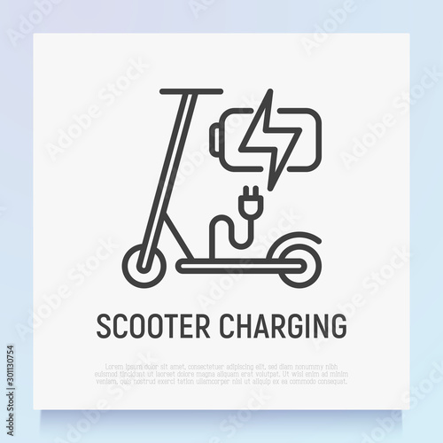 Electric scooter is charging thin line icon. Green transport. Logo for sharing service. Modern vector illustration.