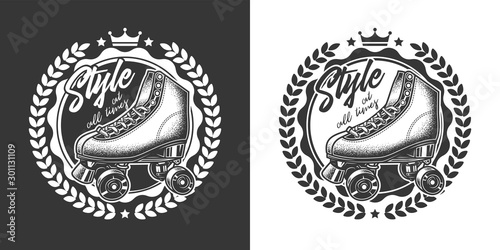Original monochrome vector emblem roller skates in retro style.
