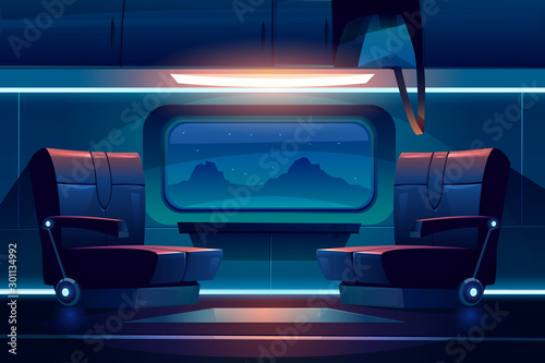 Train night inside interior, empty railway car with comfortable seats near large window with beautiful mountain landscape view and luggage storage above. Commuter transport Cartoon vector illustration