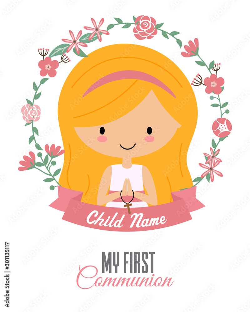 My first communion card. Girl inside a flower frame My first communion card. Girl inside a flower frame