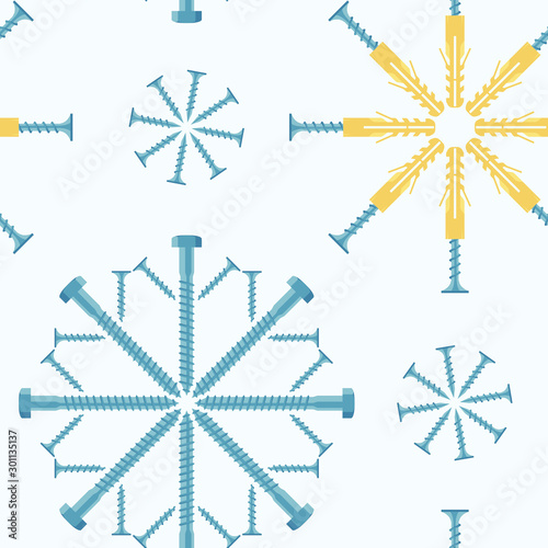 Christmas seamless pattern of fasteners laid out in the shape of snowflakes. Vector background.