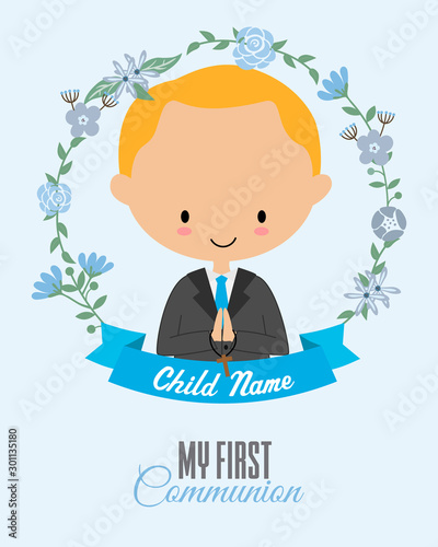 My first communion card. Boy praying inside a flower frame	