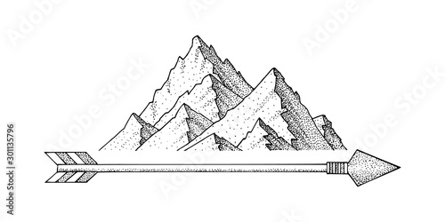Hand drawn ink sketch mountain, minimalist dots style mountain travel, vector illustration