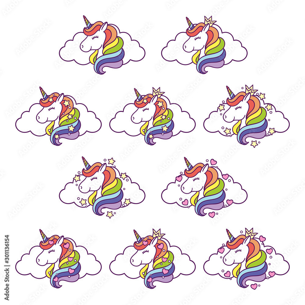 Obraz premium Unicorn head set with cloud, stars and hearts.