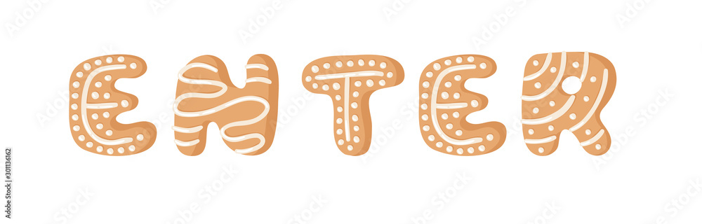 Cartoon vector illustration Ginger bread Cookies. Hand drawn Christmas font. Actual Creative Holidays bake alphabet and word ENTER Cartoon vector illustration Ginger bread Cookies. Hand drawn Christmas font. Actual Creative Holidays bake alphabet and word ENTER