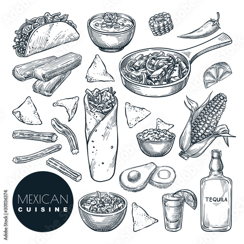 Mexican traditional food, vector sketch illustration. Hand drawn snack meal set. Restaurant, cafe menu design elements