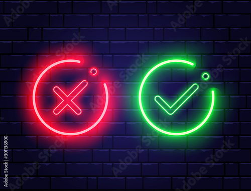 Neon check mark and red cross on brick wall. Green tick and decline symbol in circle shapes. Accept and reject. Right and wrong. Bright neon design for games, app, web page. Vector illustration