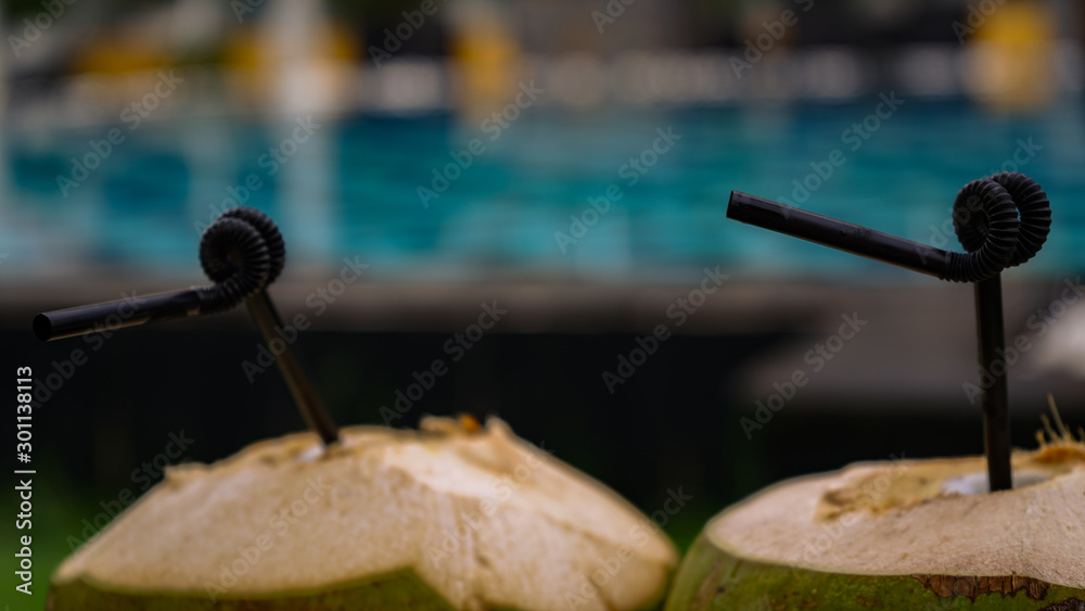 We are sitting with coconuts near the pool.	
