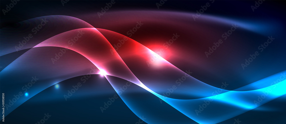Fototapeta premium Glowing abstract wave on dark, shiny motion, magic space light. Techno abstract background