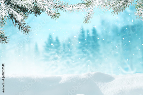 Piękny zimowy krajobraz ze śniegiem pokryte drzewami. Wesołych Świąt i szczęśliwego nowego roku pozdrowienie tła z miejsca.