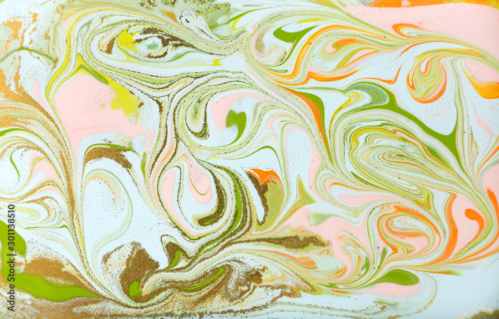 Pink, green, orange and gold ripplle pattern. Pale beautiful marble background.