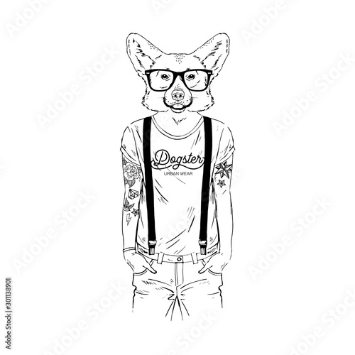 Humanized Welsh Corgi breed dog with tattoo dressed up in modern city outfits. Design for dogs lovers. Fashion anthropomorphic doggy illustration. Animal wear t-shirt, jeans, glasses. Hand drawn